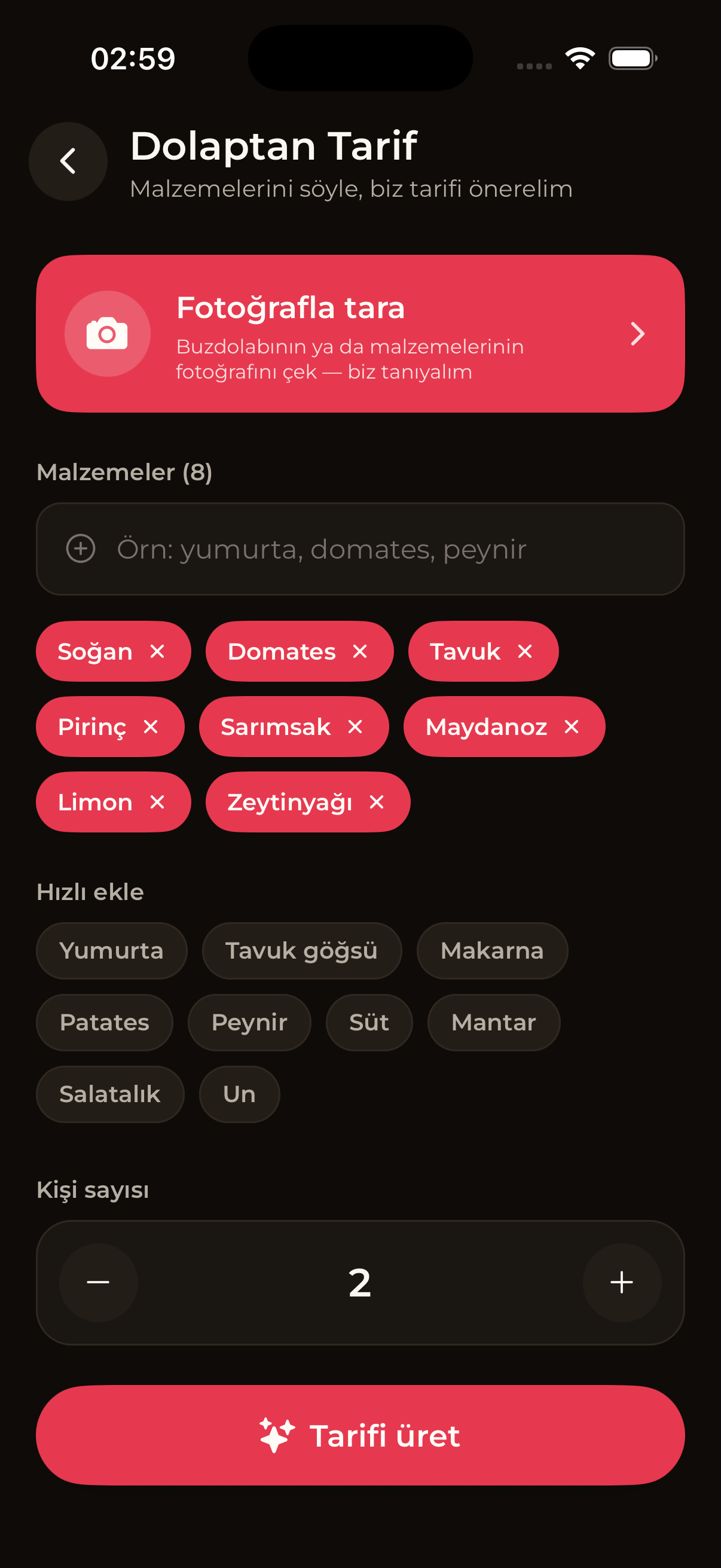 CheffEye Kiler tarifi ekranı: fotoğraftan tarama kartı, eklenmiş malzemeler (soğan, domates, tavuk göğsü, pirinç, sarımsak, zeytinyağı), hızlı ekleme önerileri ve Tarifi üret butonu.