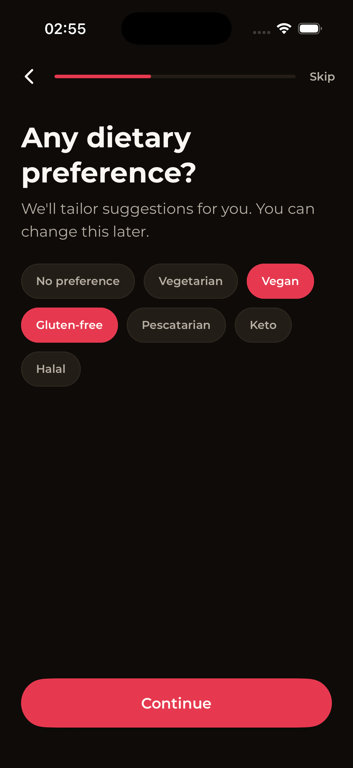 CheffEye onboarding dietary preference step: Any dietary preference? heading with options like Vegetarian, Vegan, Gluten-free, Pescatarian, Keto, Halal and a Continue button.