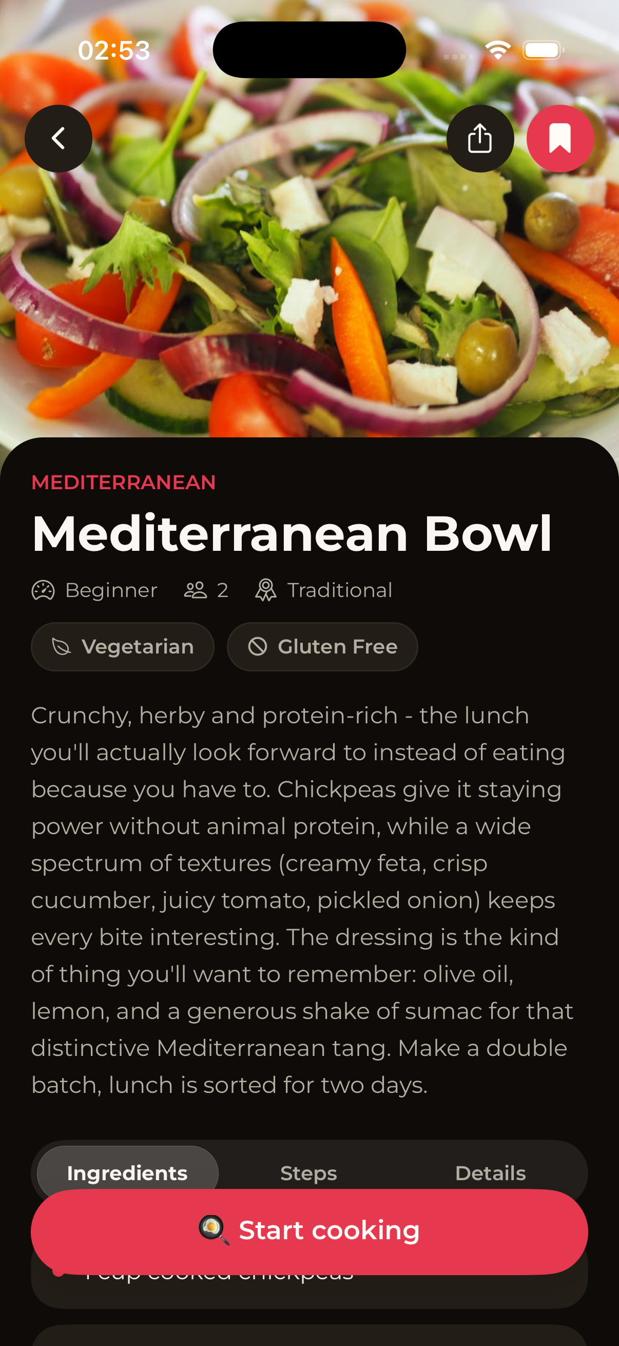 CheffEye recipe details screen for Mediterranean Bowl, generated from a photo: vegetarian and gluten-free badges, ingredients and Start cooking button.